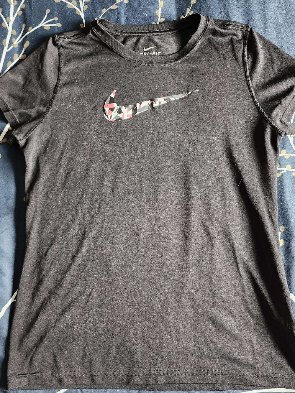 Nike Black Tee with Pink and Gray Floral Swoosh